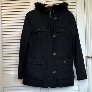 INC International Concepts Black Utility Jacket with Fur Trim